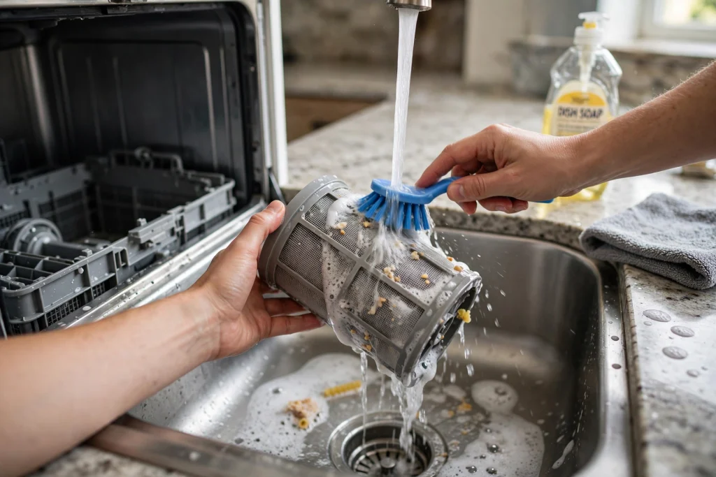 Dishwasher filter cleaning